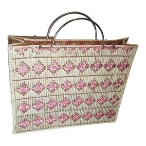 Vintage pink beige Straw Basket purse 60s floral design hand bag handbag  twee